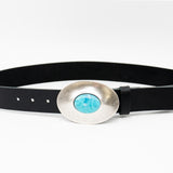 Oceana Belt - Smooth Black Italian Leather Belt Silver Oval and Turquoise Buckle - Streets Ahead