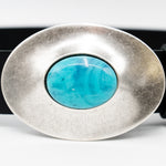 Oceana Belt - Smooth Black Italian Leather Belt Silver Oval and Turquoise Buckle - Streets Ahead