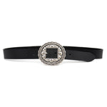 Sunbeam Belt - Black Italian Leather Belt Western Silver Floral Buckle - Streets Ahead