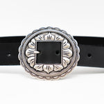 Sunbeam Belt - Black Italian Leather Belt Western Silver Floral Buckle - Streets Ahead