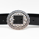 Sunbeam Belt - Black Italian Leather Belt Western Silver Floral Buckle - Streets Ahead