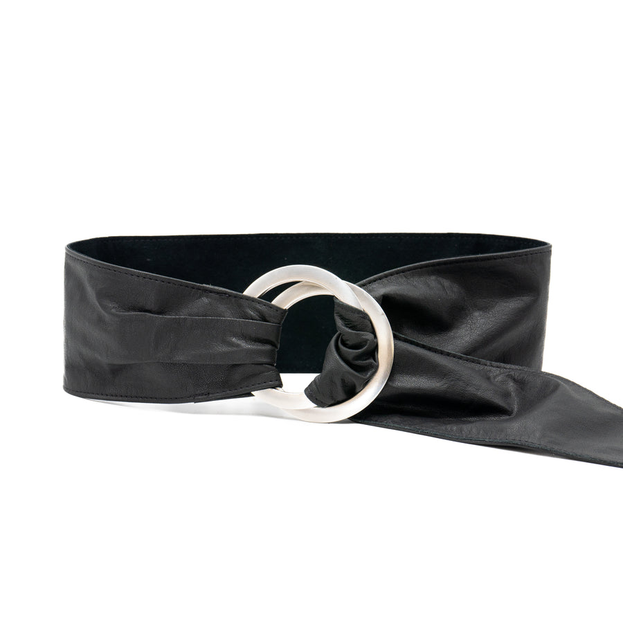 Wide black leather wrap belt with circular silver ring - Streets Ahead