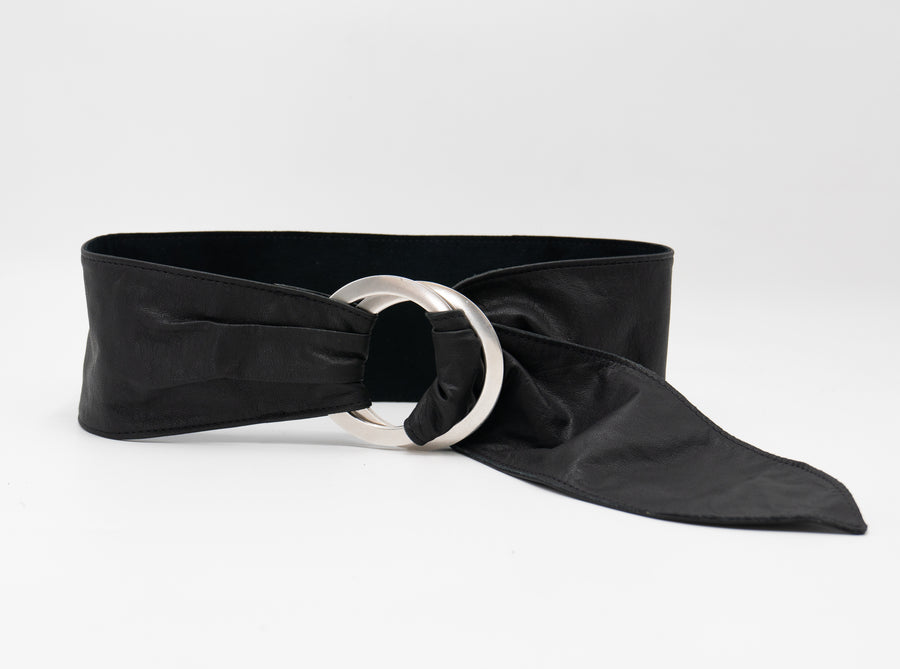 Wide black leather wrap belt with circular silver ring - Streets Ahead