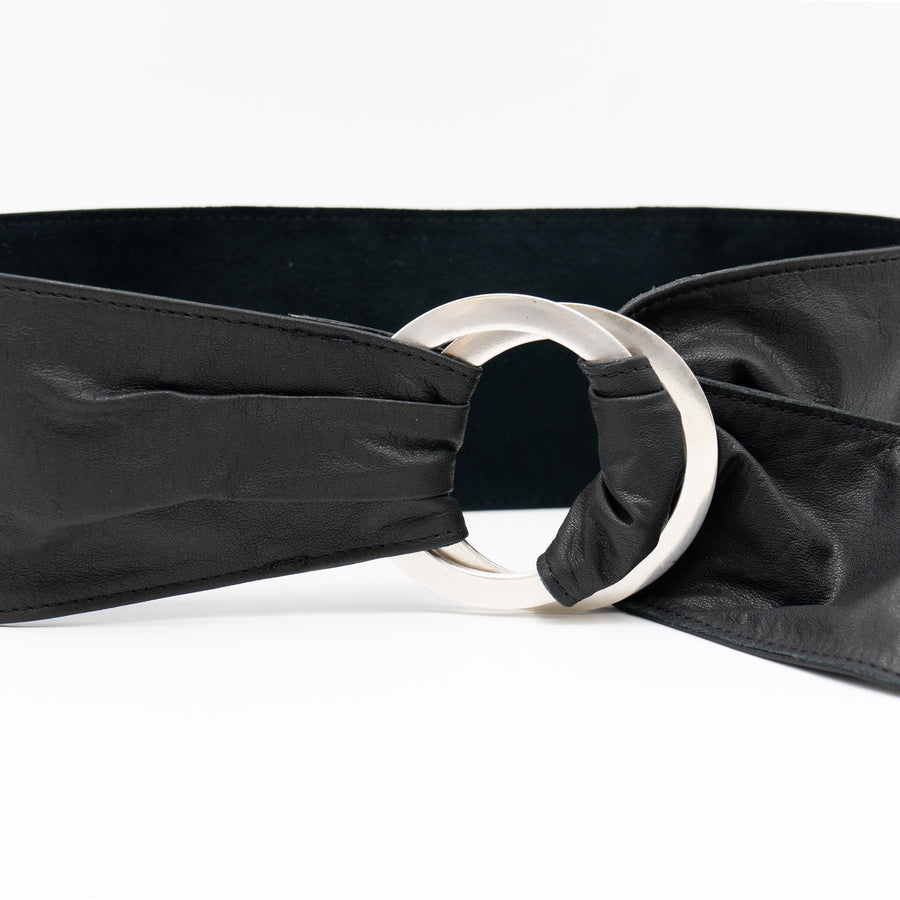 Wide black leather wrap belt with circular silver ring - Streets Ahead