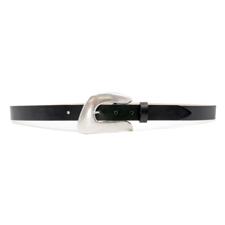 Asher Belt – smooth black Italian leather belt with silver-plated organic-shaped buckle, handcrafted in Los Angeles - Streets Ahead