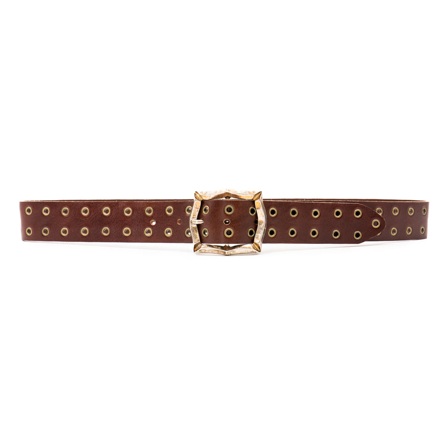 Carter Grommet Belt – smooth brown Italian leather belt with brass grommets and a vintage-plated two-tone Italian romantic buckle, handcrafted in Los Angeles - Streets Ahead