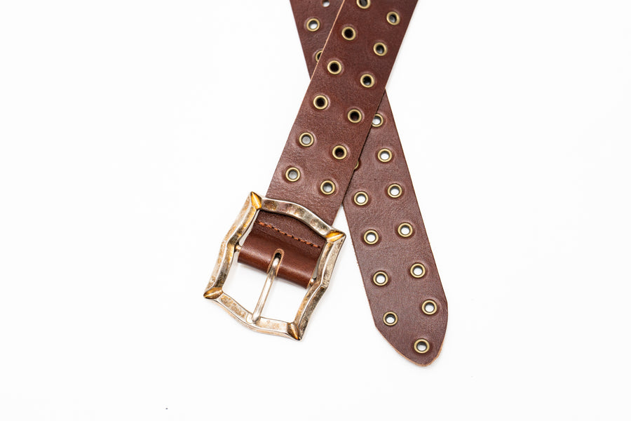 Carter Grommet Belt – smooth brown Italian leather belt with brass grommets and a vintage-plated two-tone Italian romantic buckle, handcrafted in Los Angeles - Streets Ahead