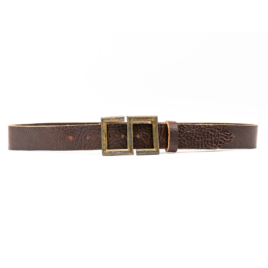 Zander Belt – brown Italian leather belt with rugged S-shaped buckle and prong closure, unisex design, handcrafted in Los Angeles - Streets Ahead