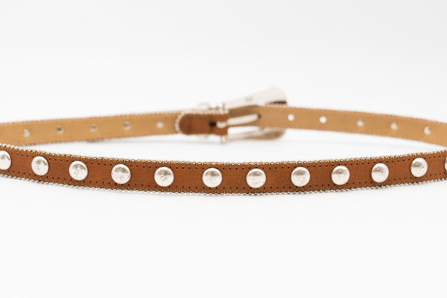Parker Studded Belt – tan Italian leather belt with silver ball-and-chain trim, rivets, and a modern western-style buckle, handcrafted in Los Angeles - Streets Ahead
