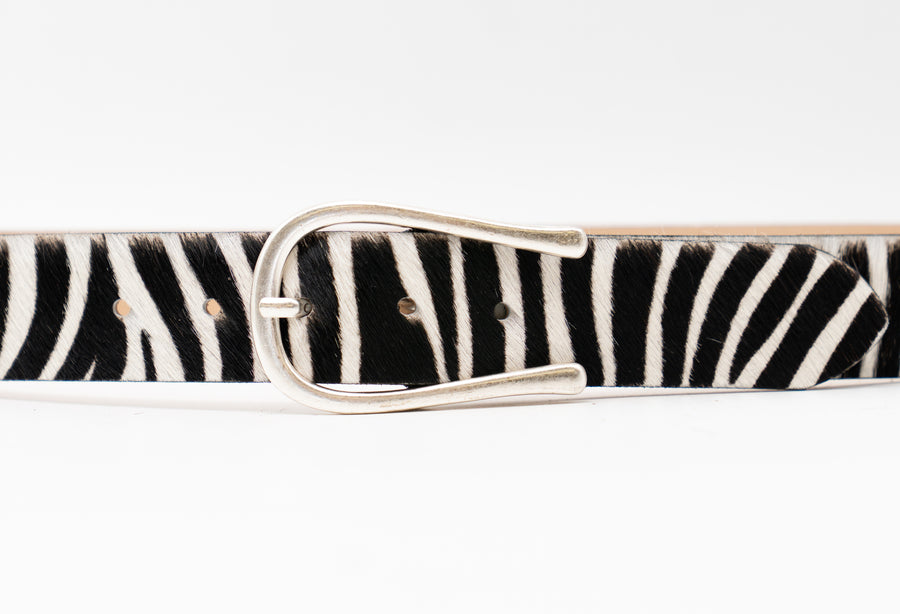 Close up zebra print calf hair belt with silver buckle - Streets Ahead