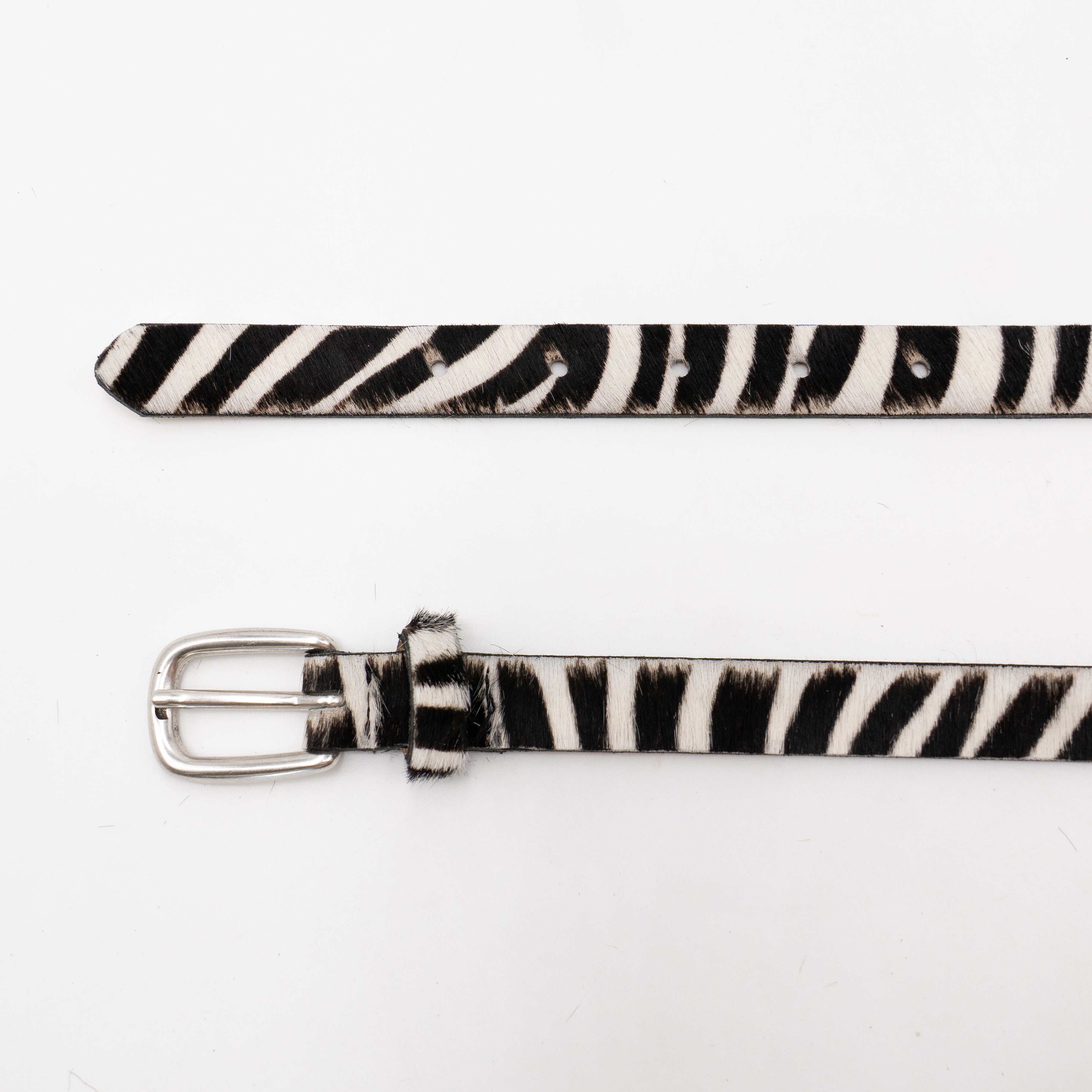 Narrow zebra print Italian calf hair leather belt with silver buckle - Streets Ahead