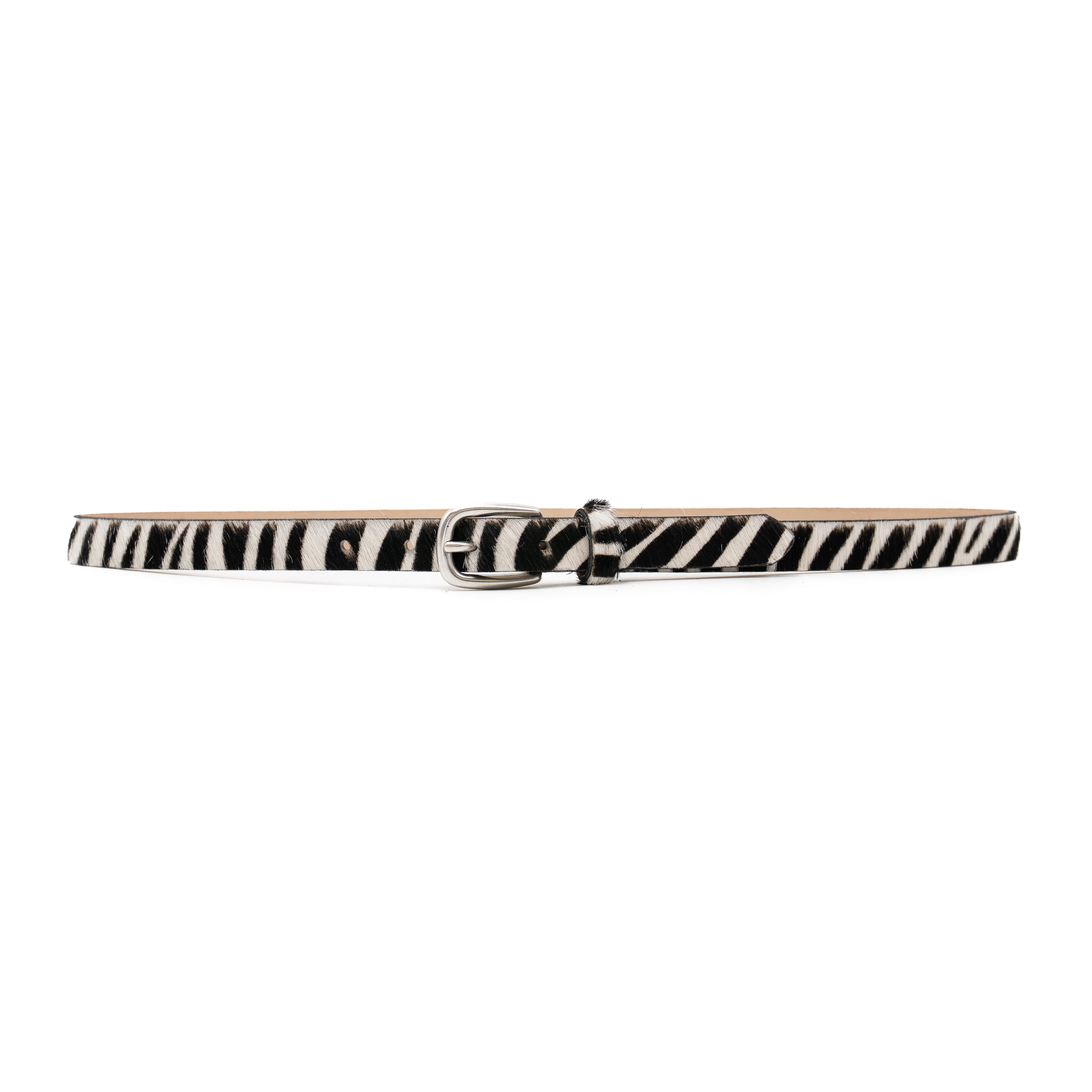 Narrow zebra print Italian calf hair leather belt with silver buckle - Streets Ahead