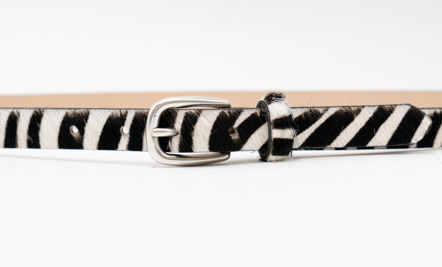 Close up narrow zebra print Italian calf hair leather belt with silver buckle - Streets Ahead