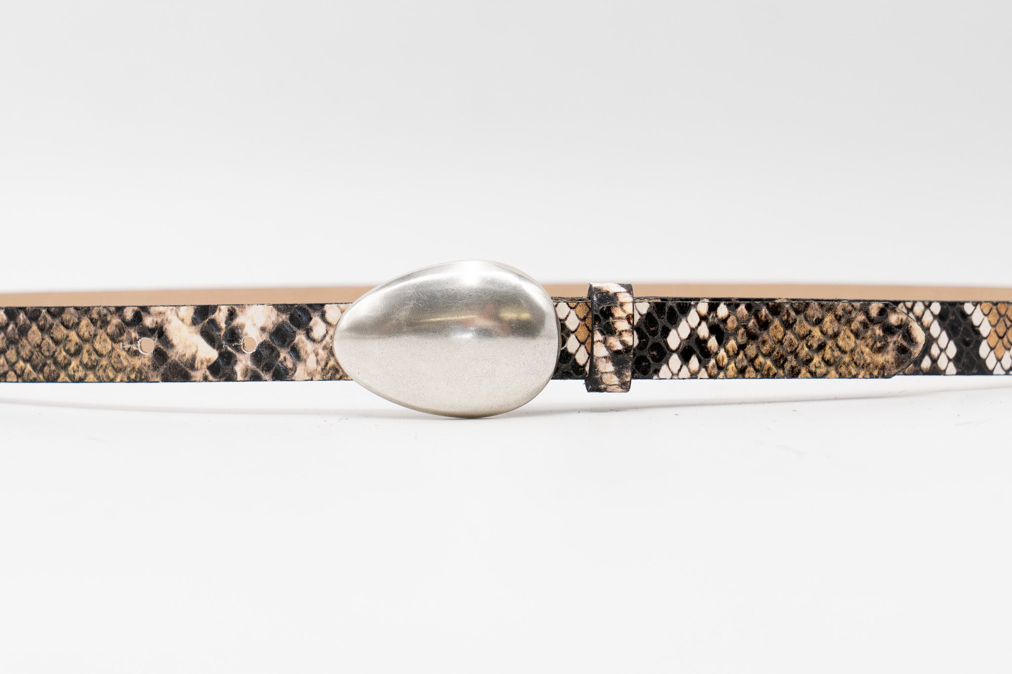 Streets Ahead Viera Belt — snake-print embossed leather with silver-plated dome buckle
