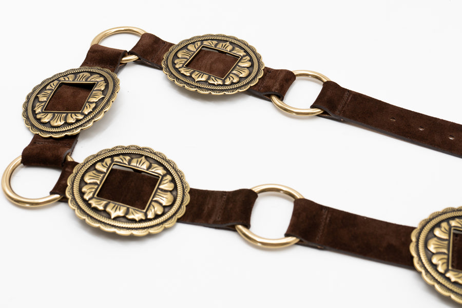 Lilienne Belt - chocolate Italian suede and a floral concho western buckle set - Streets Ahead