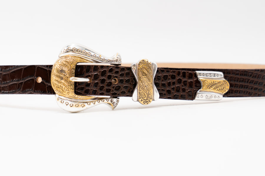 Aria Belt – Croc-Embossed Leather with Brass Engraved Buckle - Streets Ahead