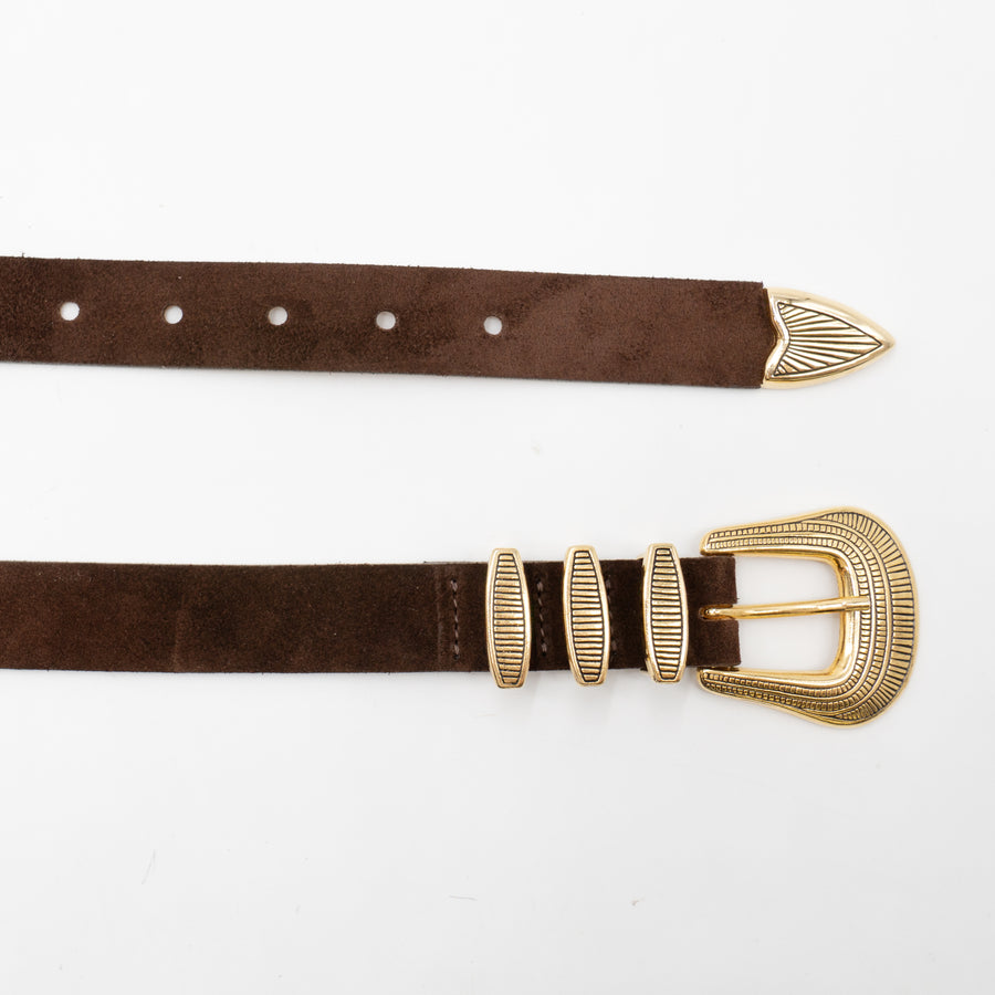 Delphina Belt – Brown Suede Leather Gold Plated Buckle Set - Streets Ahead