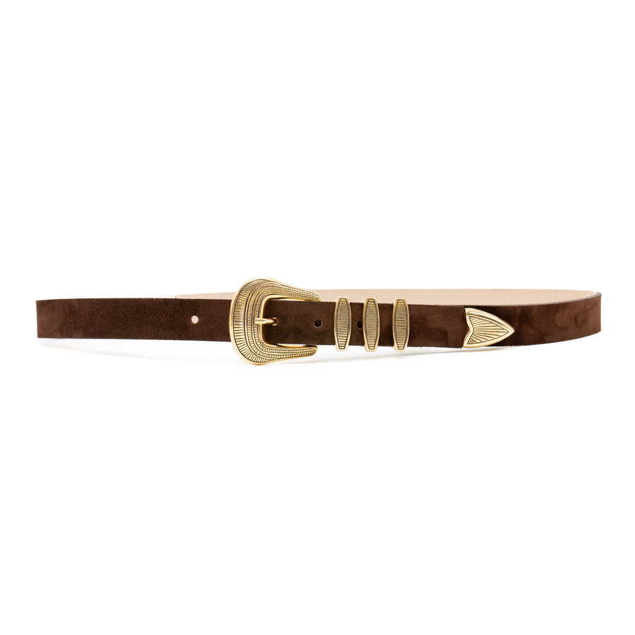 Delphina Belt – Brown Suede Leather Gold Plated Buckle Set - Streets Ahead