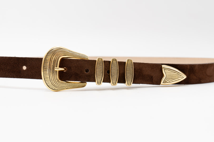 Delphina Belt – Brown Suede Leather Gold Plated Buckle Set - Streets Ahead