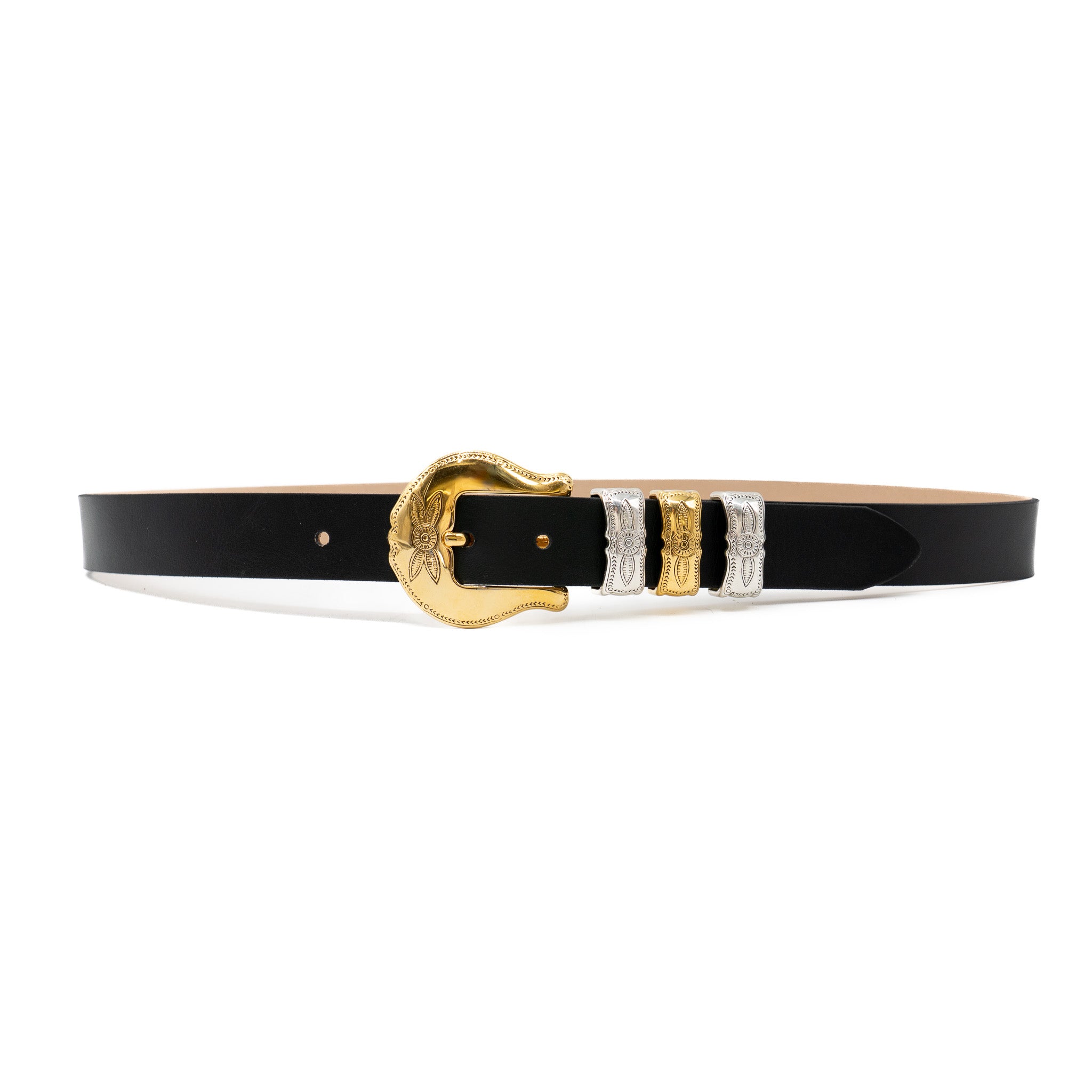Faye Belt in smooth black Italian calfskin with gold-plated buckle and double keepers, Streets Ahead