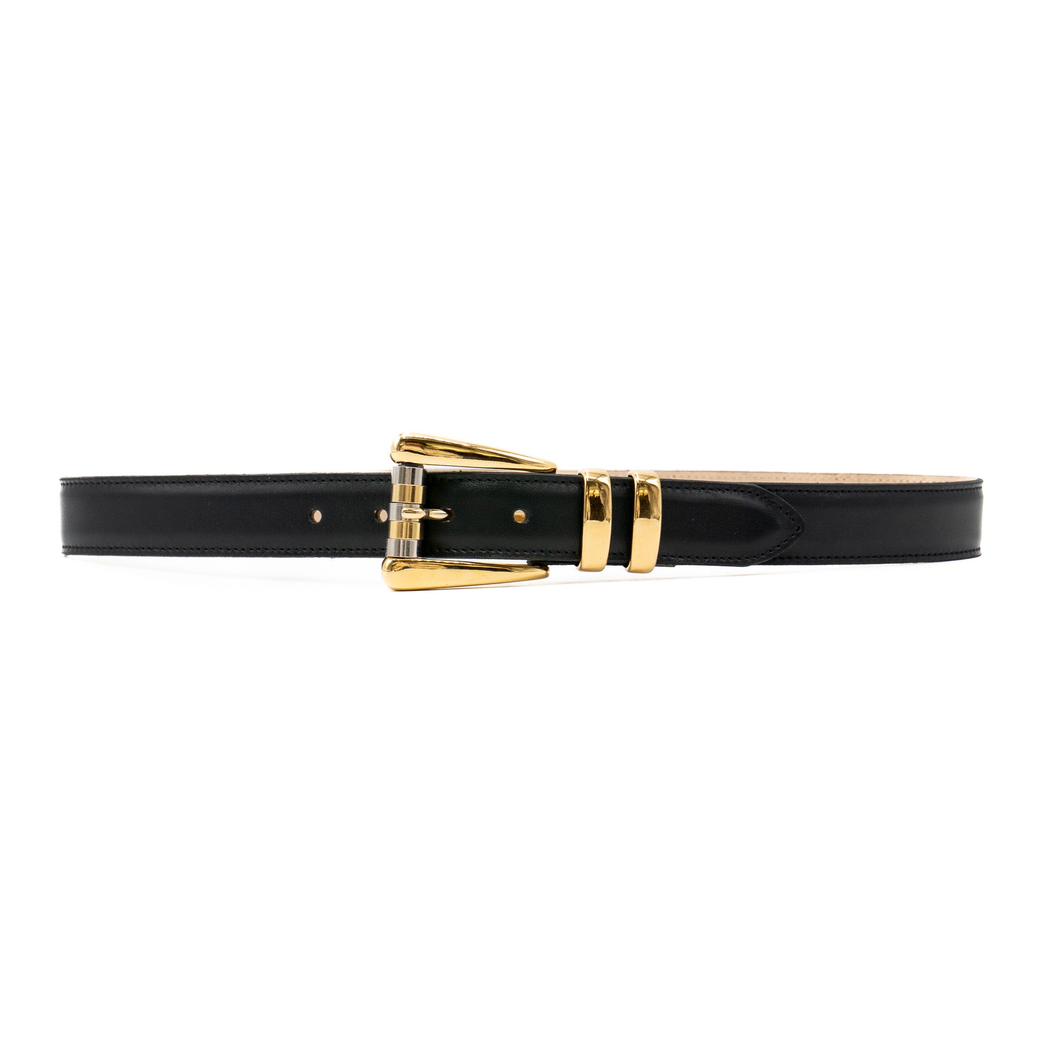 Sloane Belt in black Italian calfskin with feather-edge finish and two-tone buckle, Streets Ahead