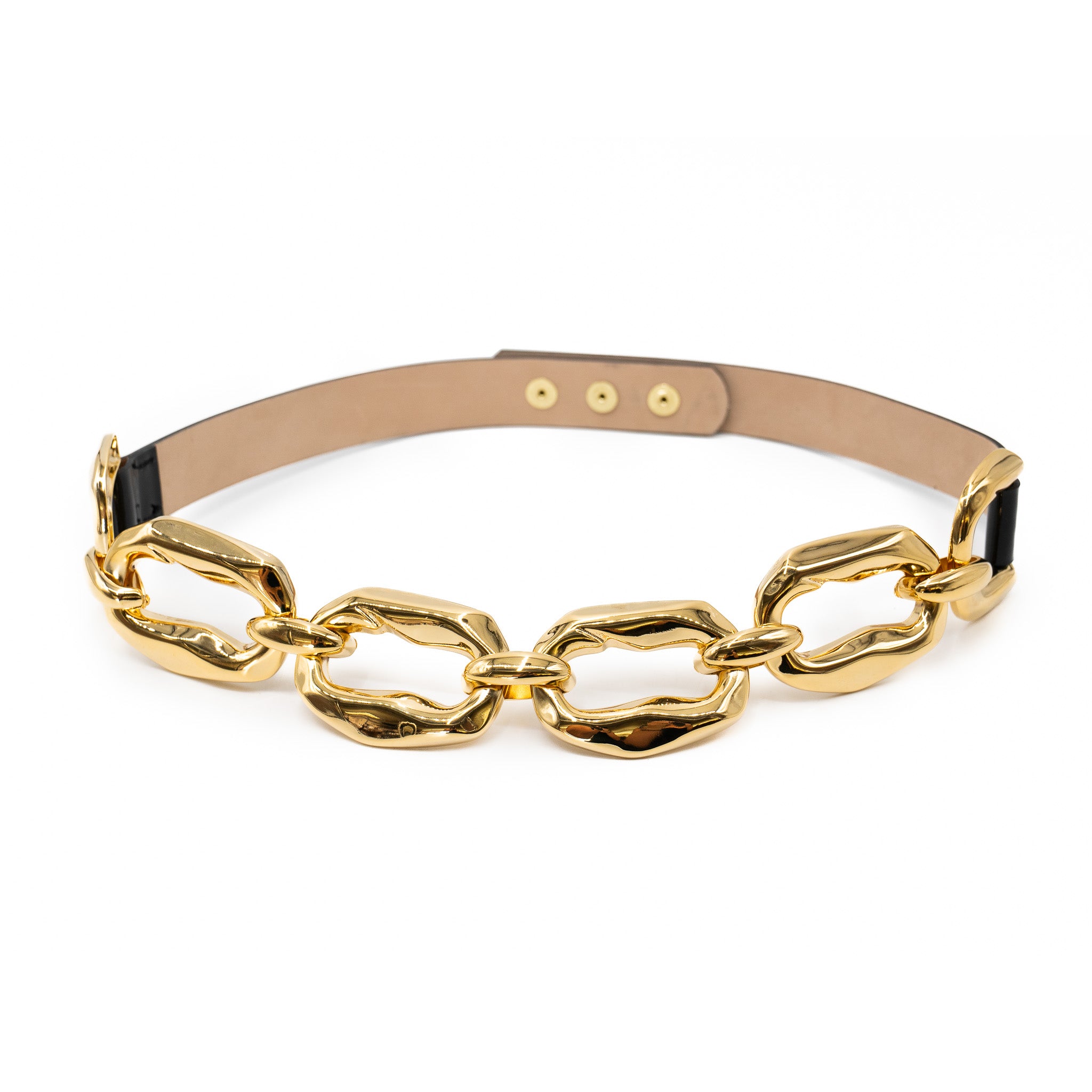Calla Belt in black patent Italian leather with 24k gold-plated chain-link hardware, Streets Ahead