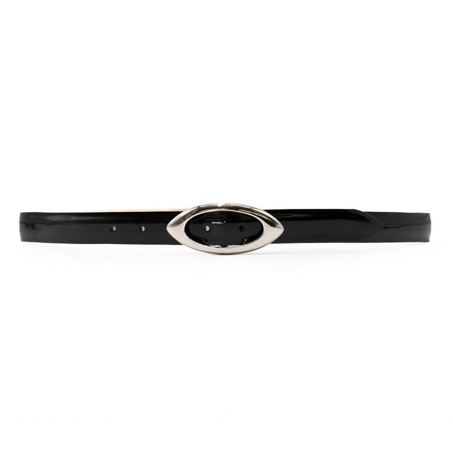 Black patent leather belt with a silver oval buckle - Streets Ahead