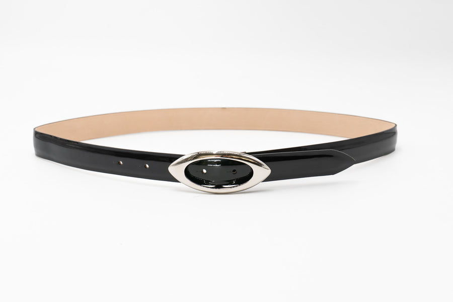 Black patent leather belt with a silver oval buckle - Streets Ahead