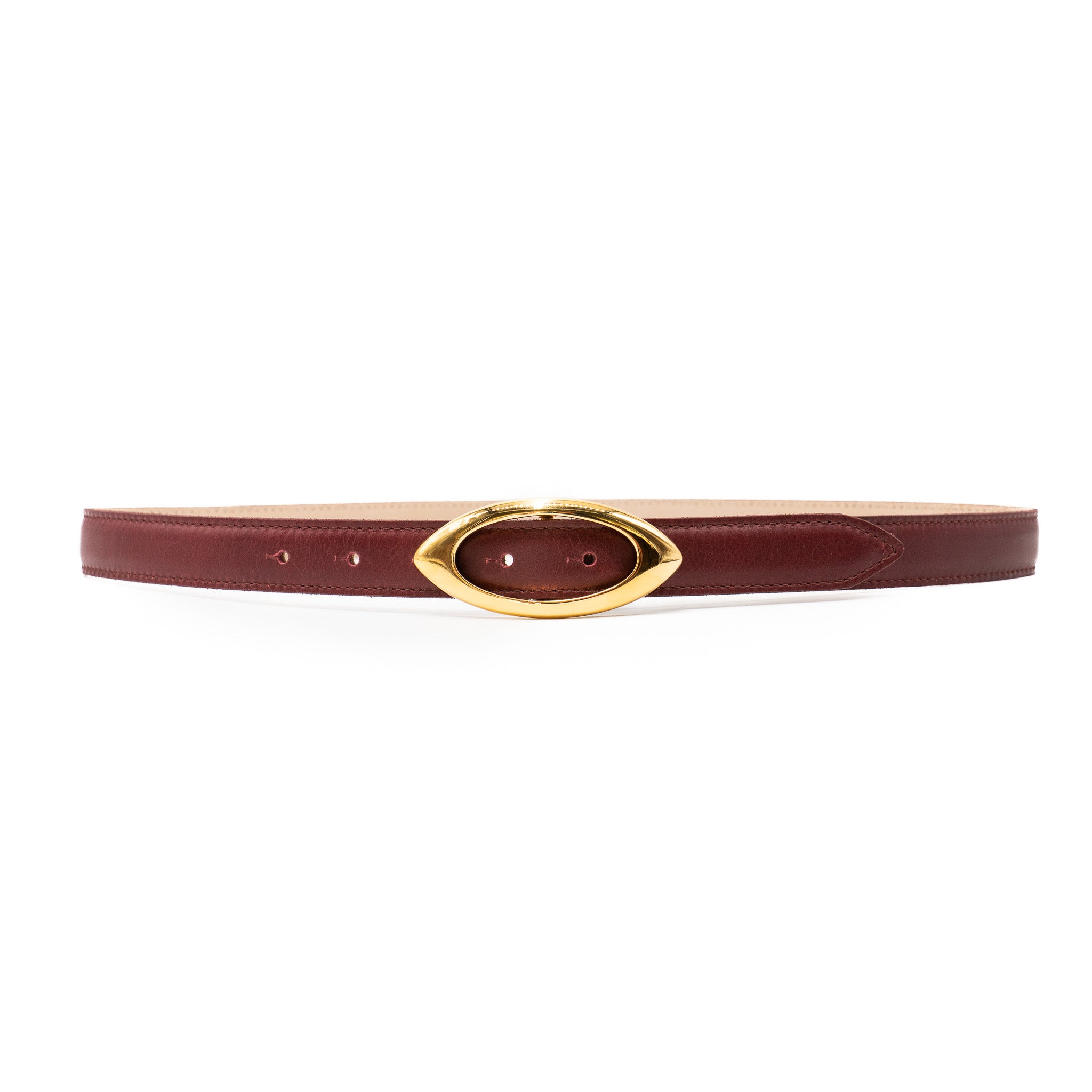 Evra Belt in deep red Italian leather with 24k gold-plated marquise buckle, Streets Ahead