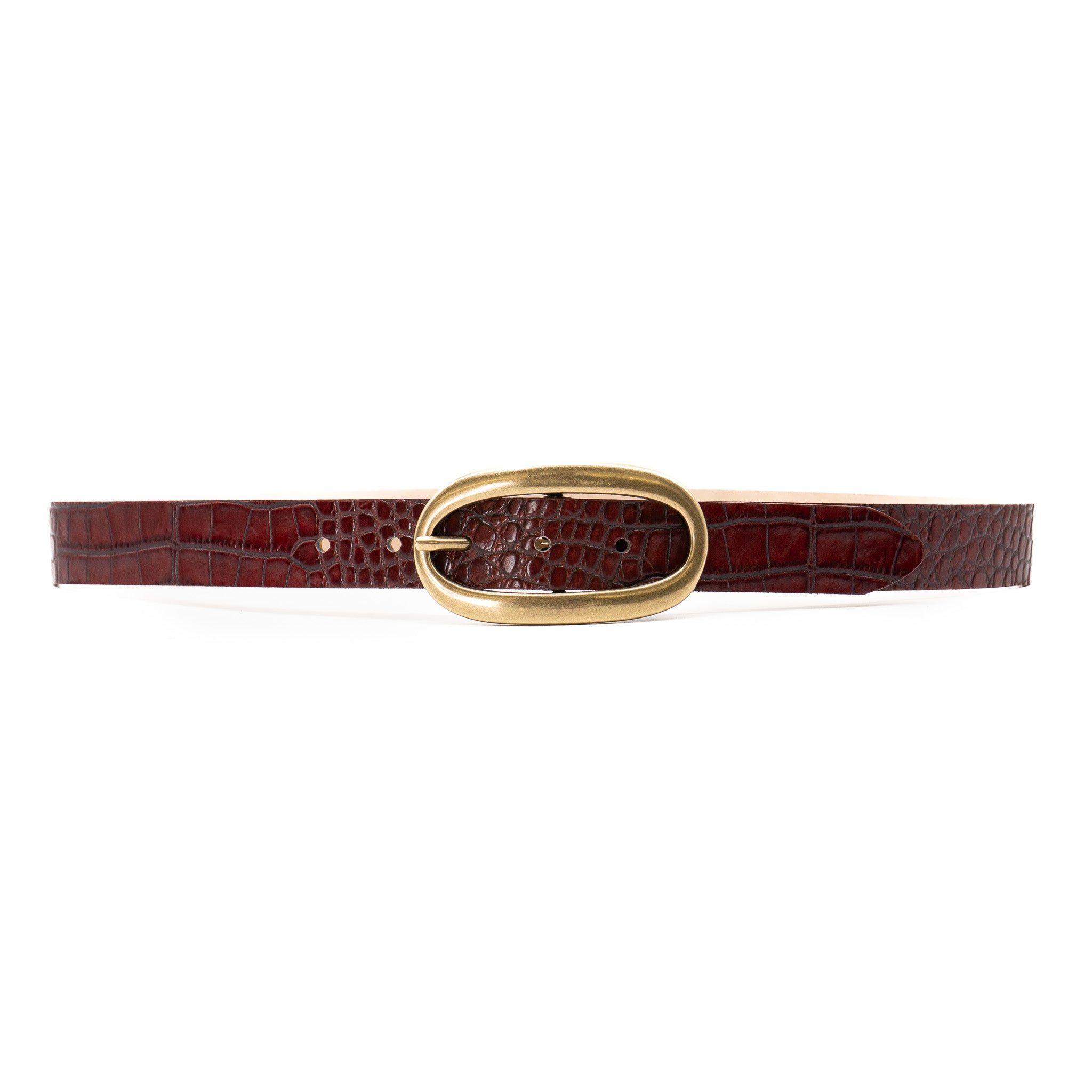 Cassia Belt in burgundy croc-embossed Italian leather with solid brass oval buckle, Streets Ahead