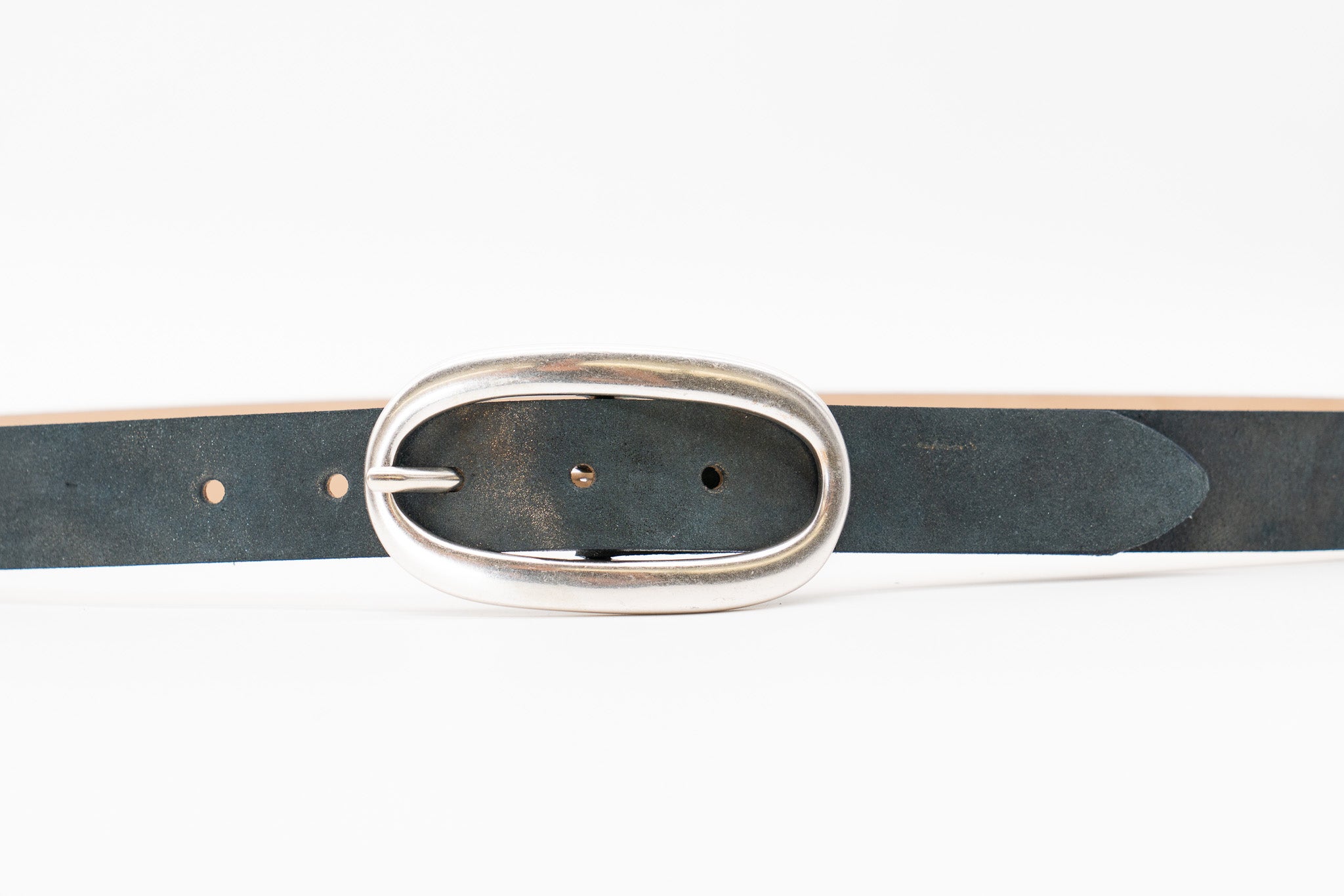 Streets Ahead Noelle Belt — navy suede with bronze shimmer and silver oval buckle