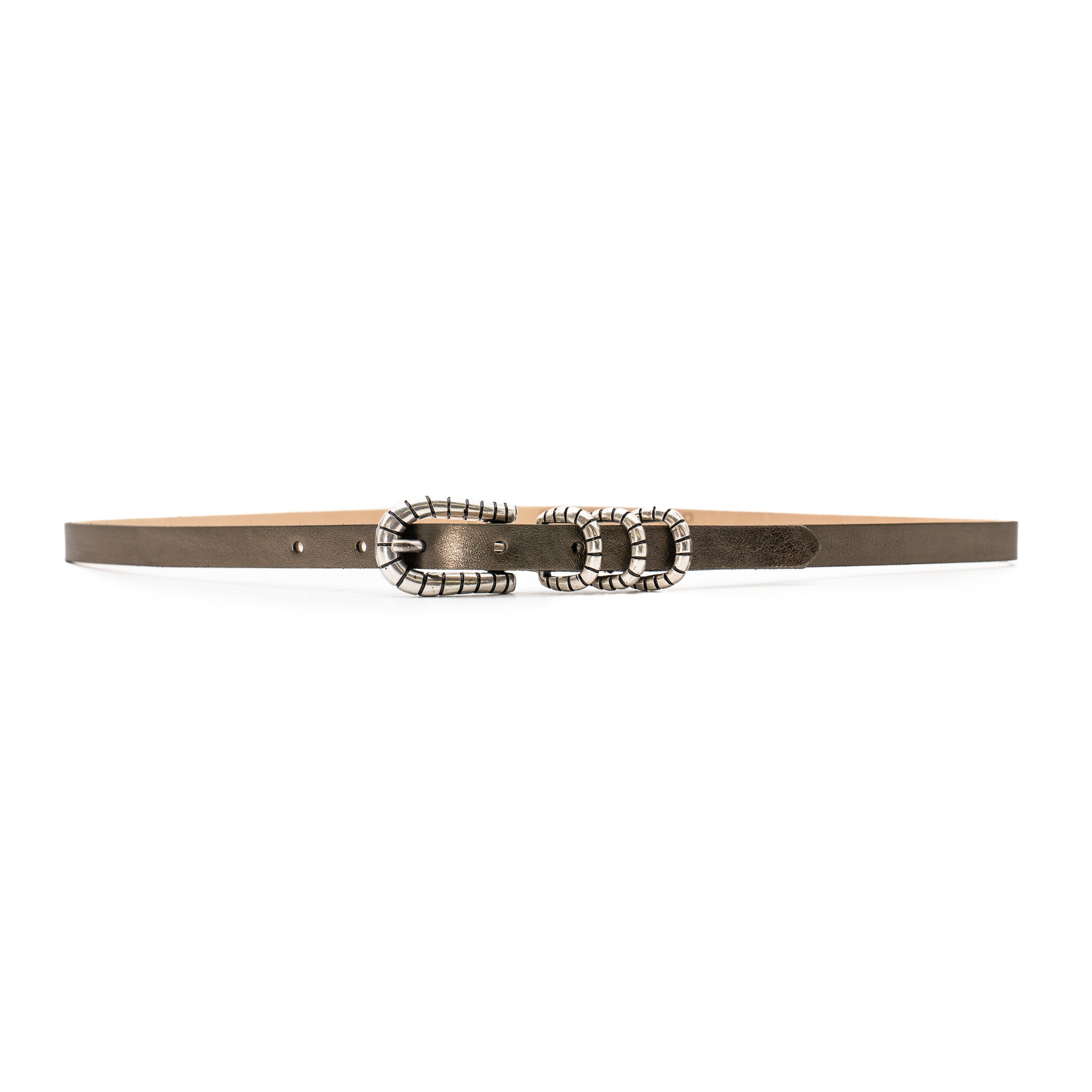 Bronte Belt in metallic pewter Italian calfskin with triple silver-plated buckle, Streets Ahead