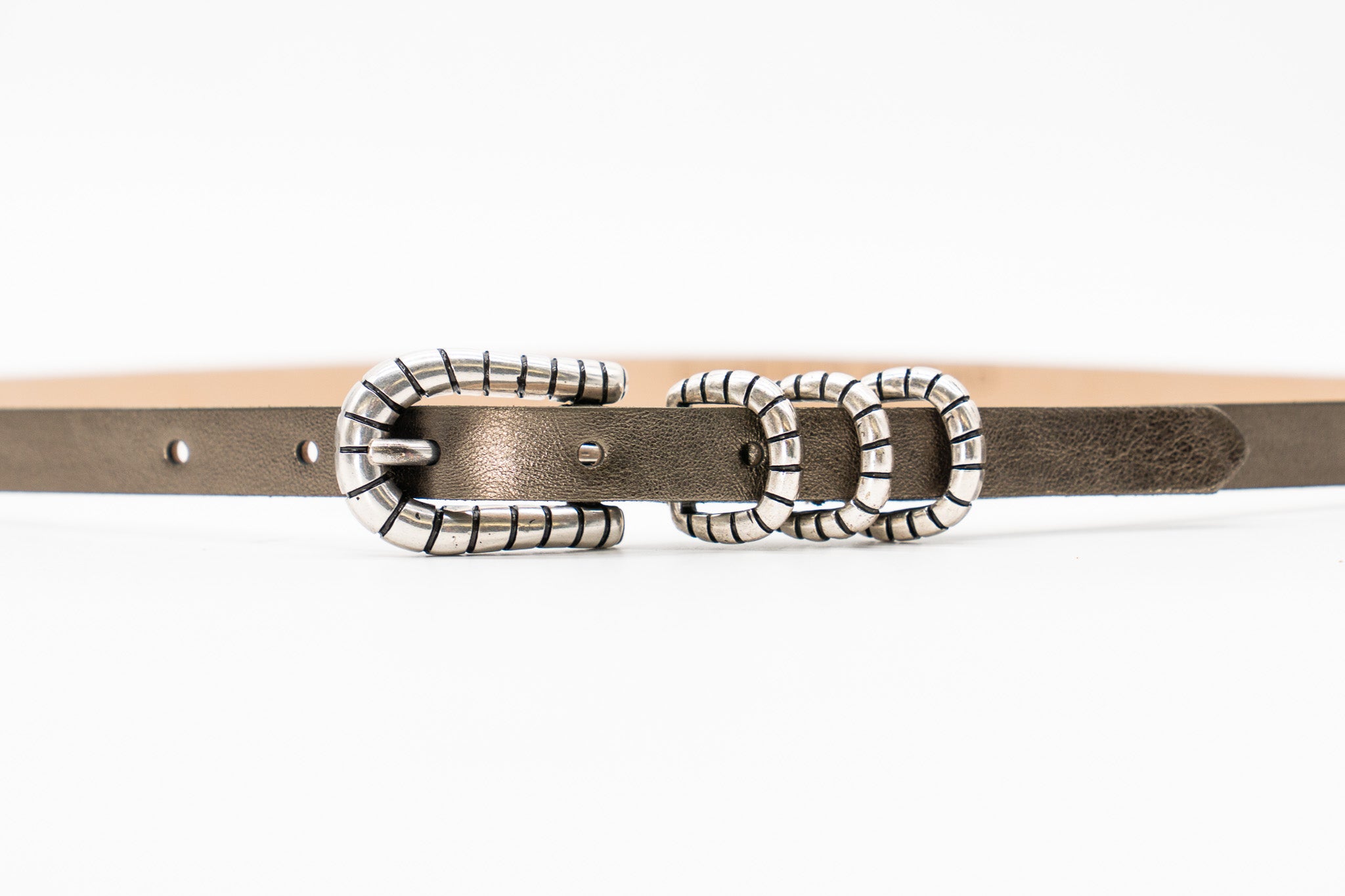 Streets Ahead Bronte Belt — metallic pewter leather with triple western buckle set