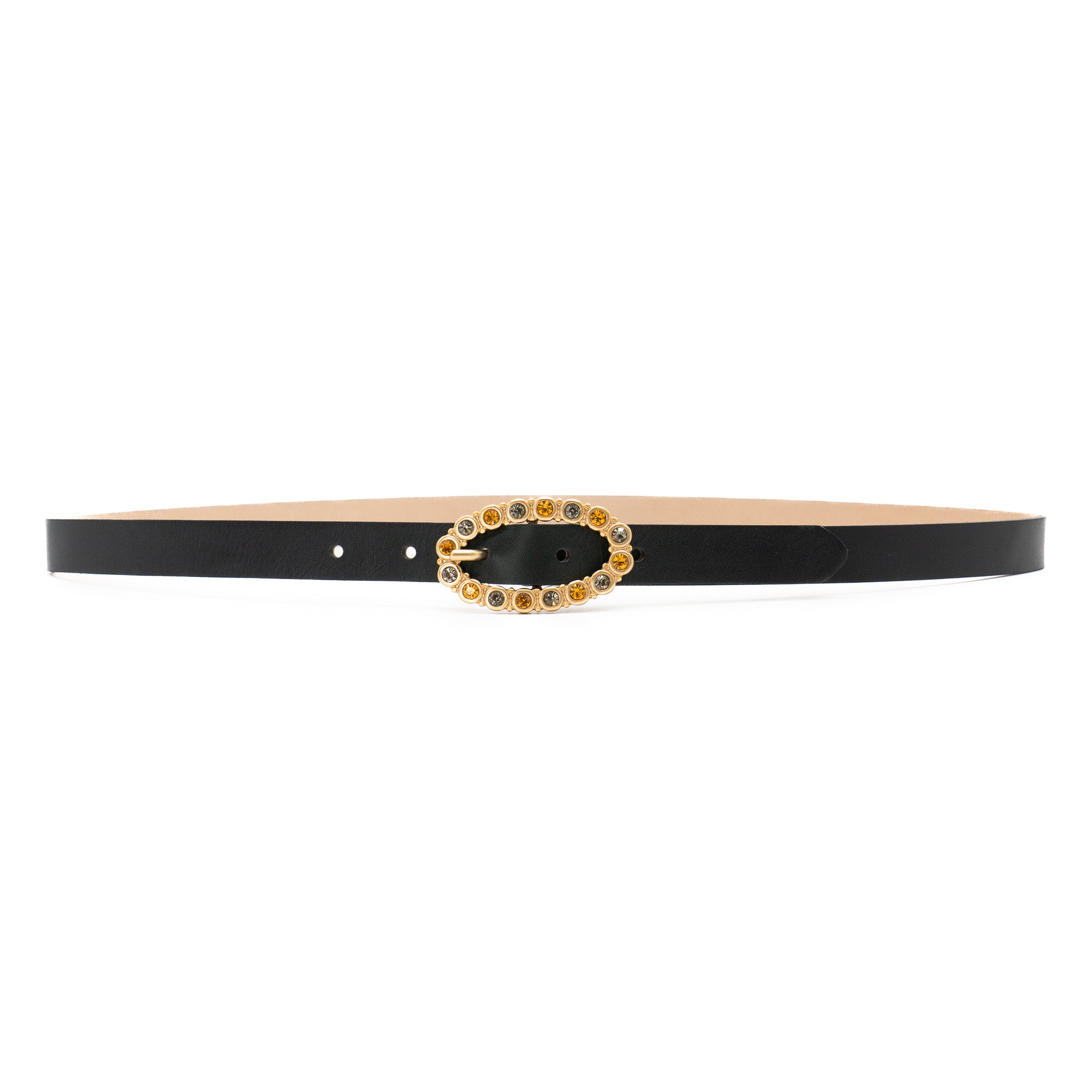 Ren Belt in black Italian leather with 24k gold-plated crystal buckle, Streets Ahead