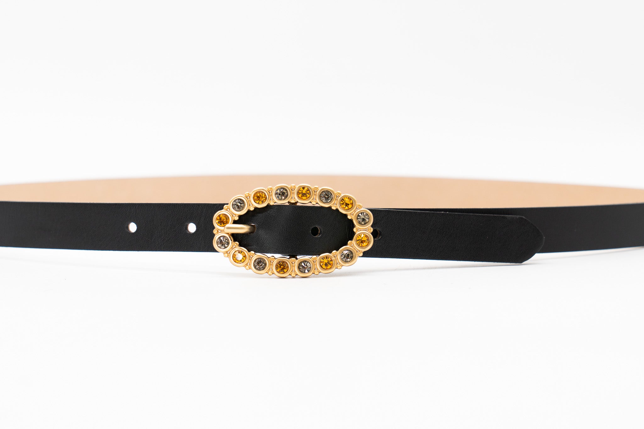Streets Ahead Ren Belt — amber and smoke crystal buckle on black Italian leather
