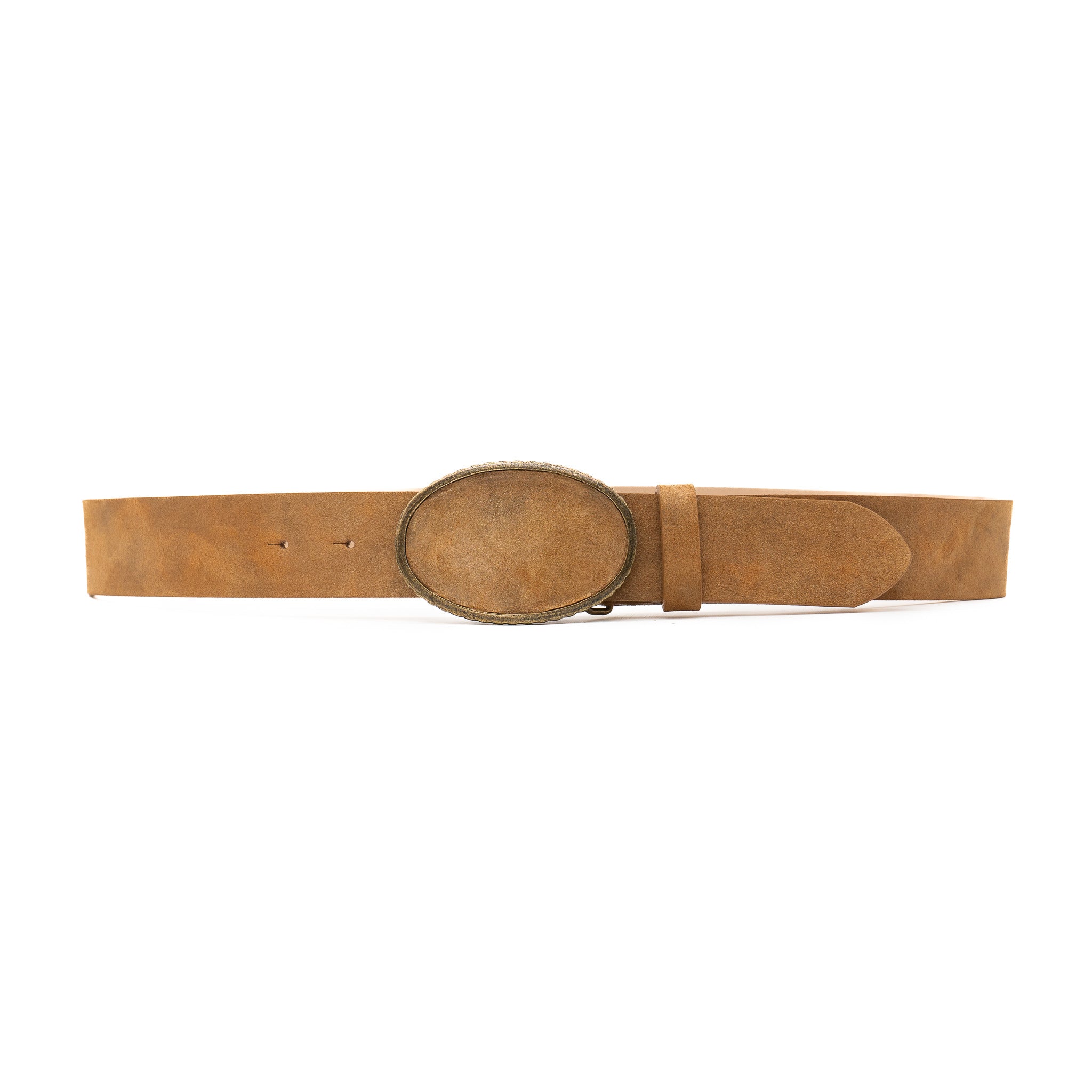 Sloane Belt - Italian tan suede leather belt with covered oval buckle, handcrafted in Los Angeles - Streets Ahead