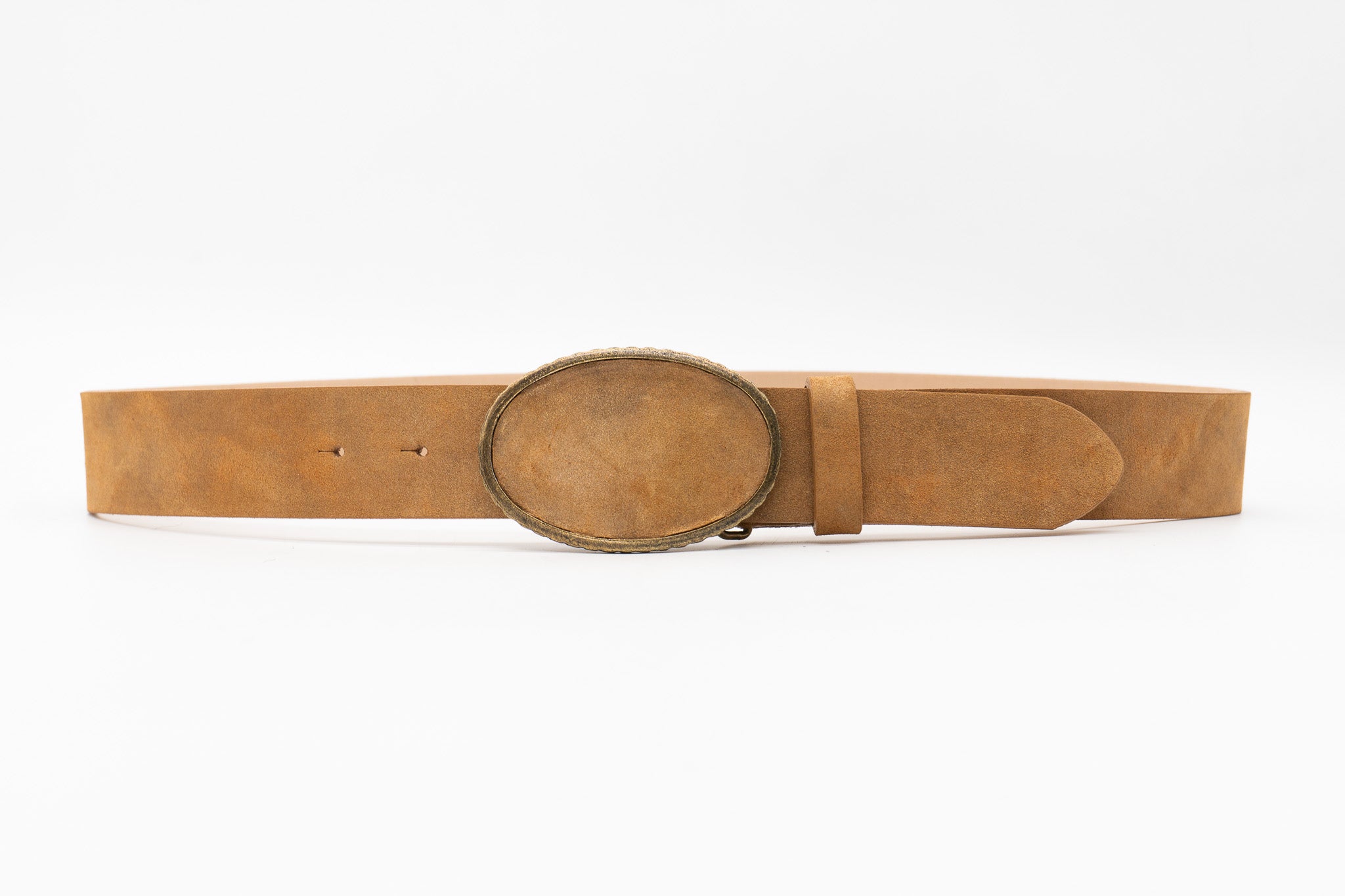 Sloane Belt - Italian tan suede leather belt with covered oval buckle, handcrafted in Los Angeles - Streets Ahead