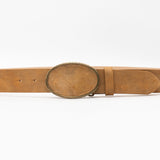 Sloane Belt - Italian tan suede leather belt with covered oval buckle, handcrafted in Los Angeles - Streets Ahead