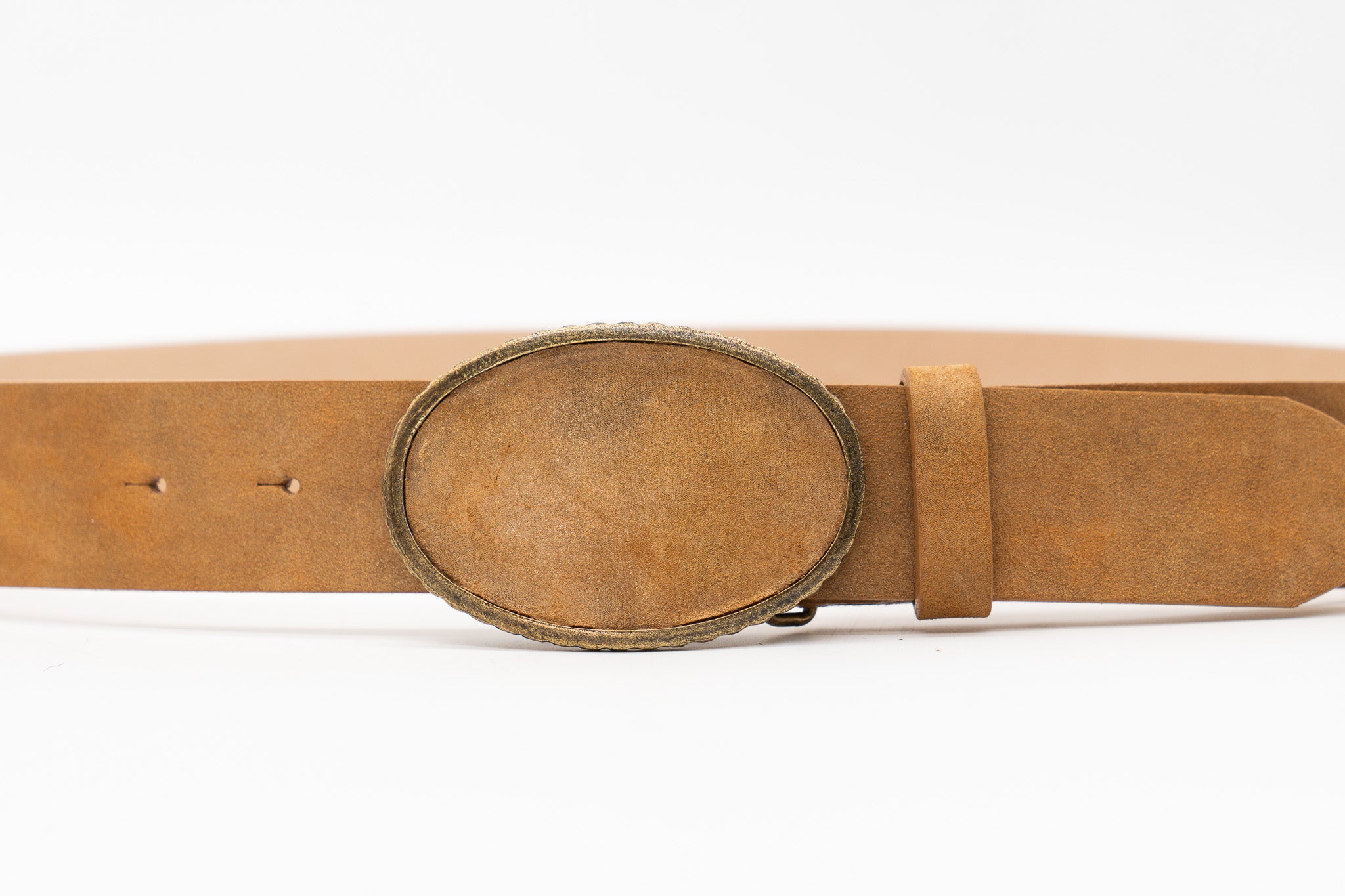 Sloane Belt - Italian tan suede leather belt with covered oval buckle, handcrafted in Los Angeles - Streets Ahead