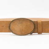 Sloane Belt - Italian tan suede leather belt with covered oval buckle, handcrafted in Los Angeles - Streets Ahead