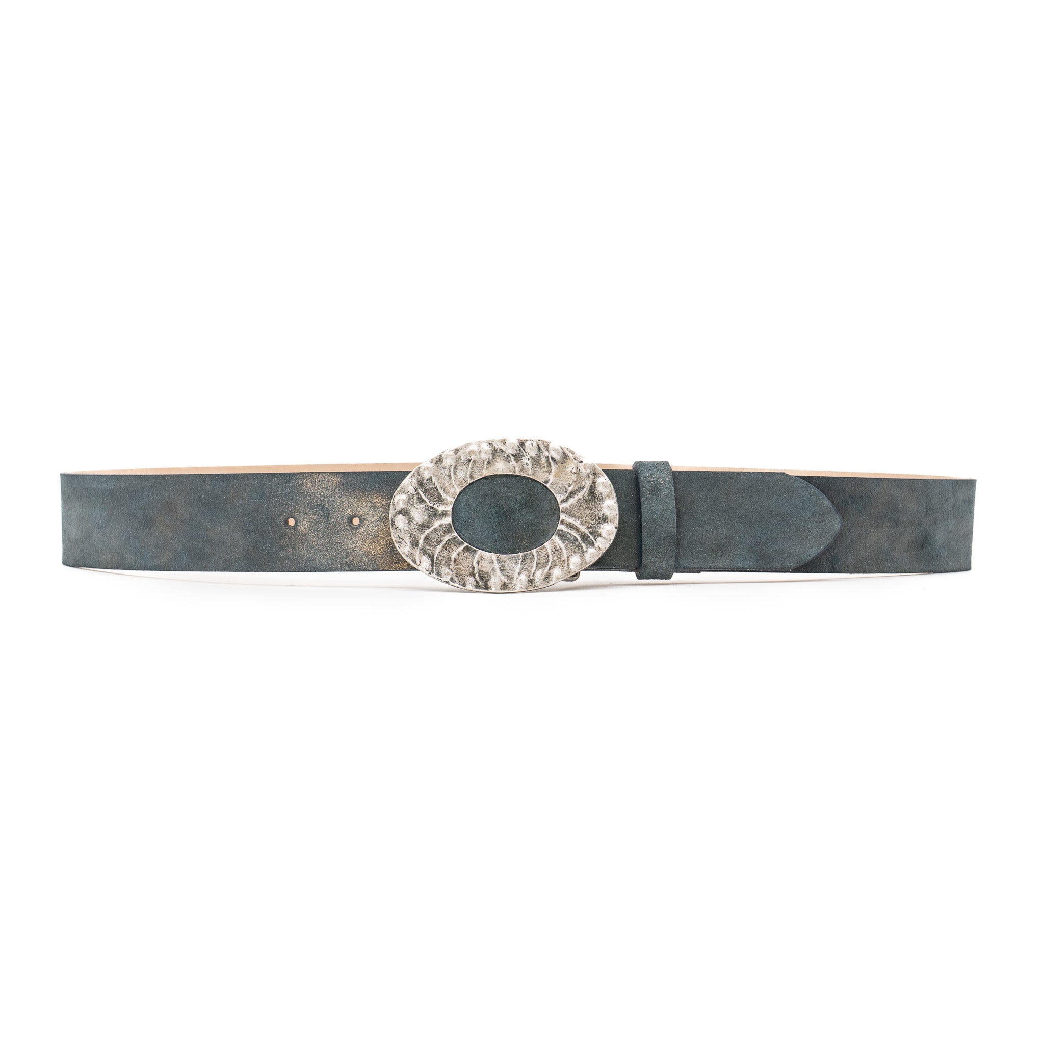 Lumen Belt in navy Italian suede with bronze shimmer and hammered silver buckle, Streets Ahead