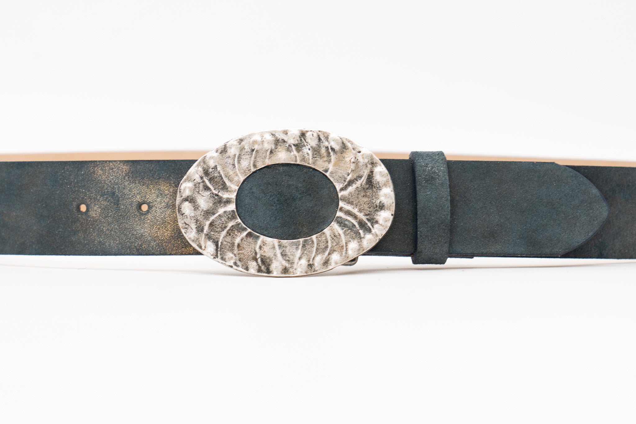Streets Ahead Lumen Belt — navy suede with hammered silver-plated buckle and leather inlay