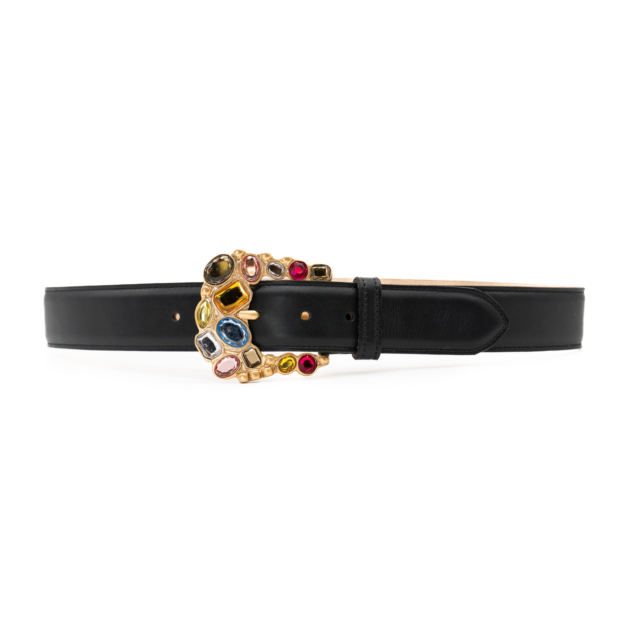 Vale Belt in black Italian leather with 24k gold-plated crystal buckle, Streets Ahead