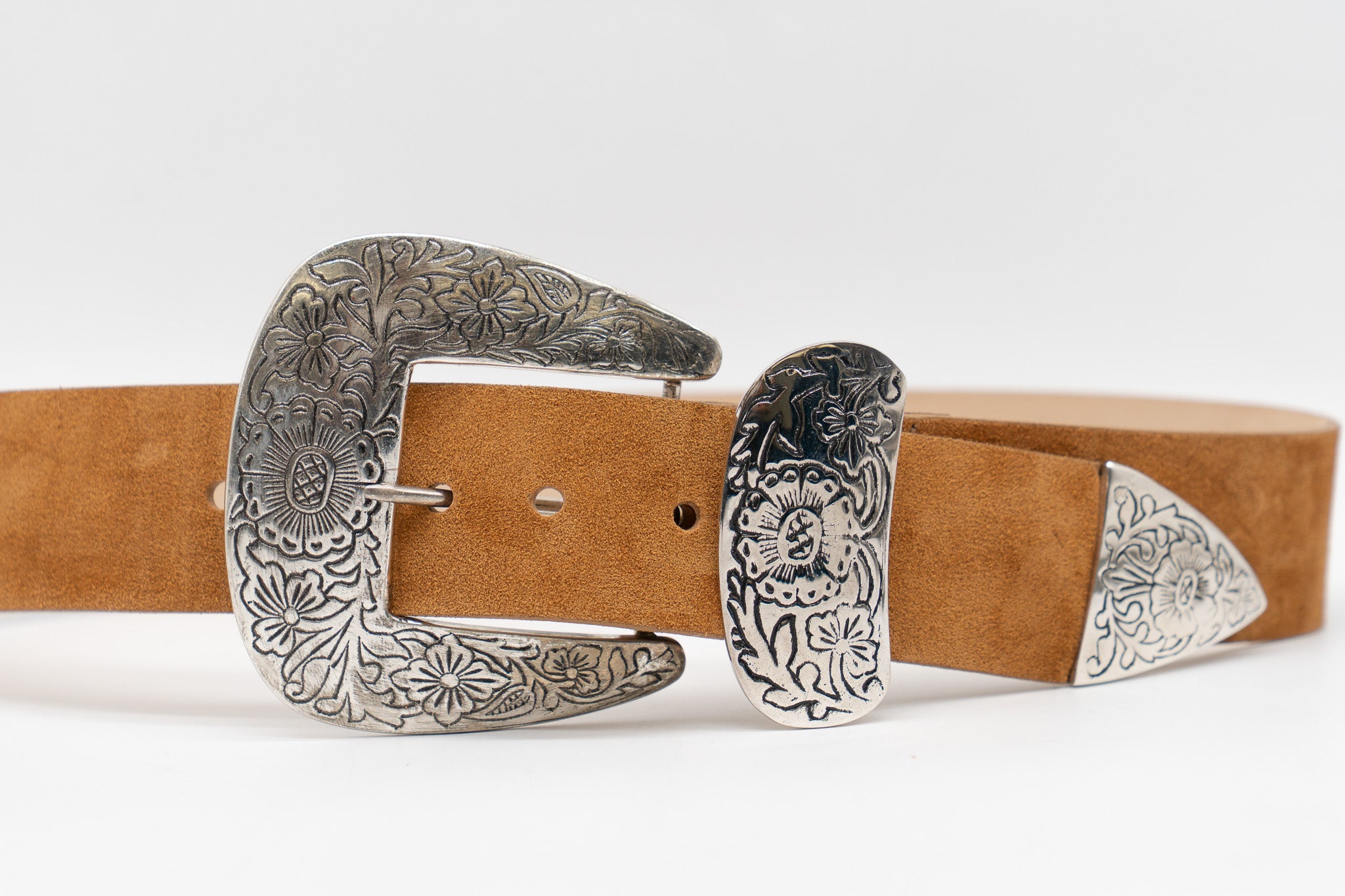 Streets Ahead Braun Belt — tan suede with engraved antique silver hardware