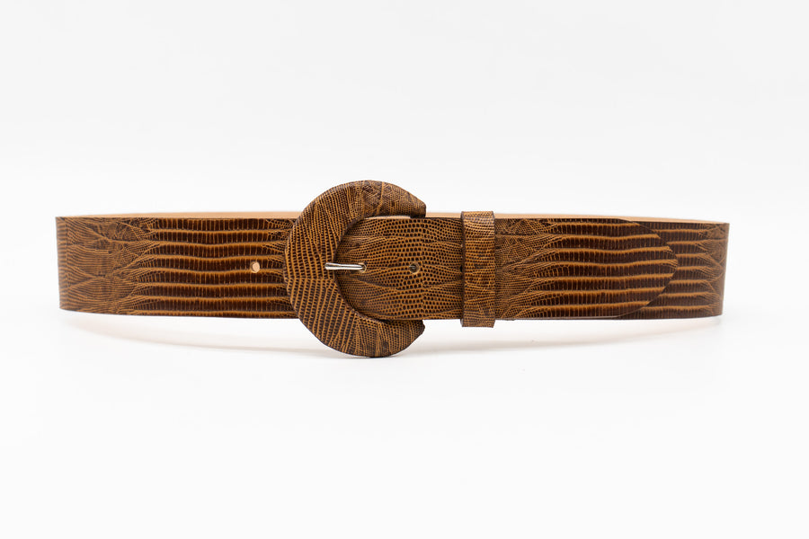 Tara Belt in lizard-embossed Italian calfskin with a covered buckle, handcrafted in Los Angeles.