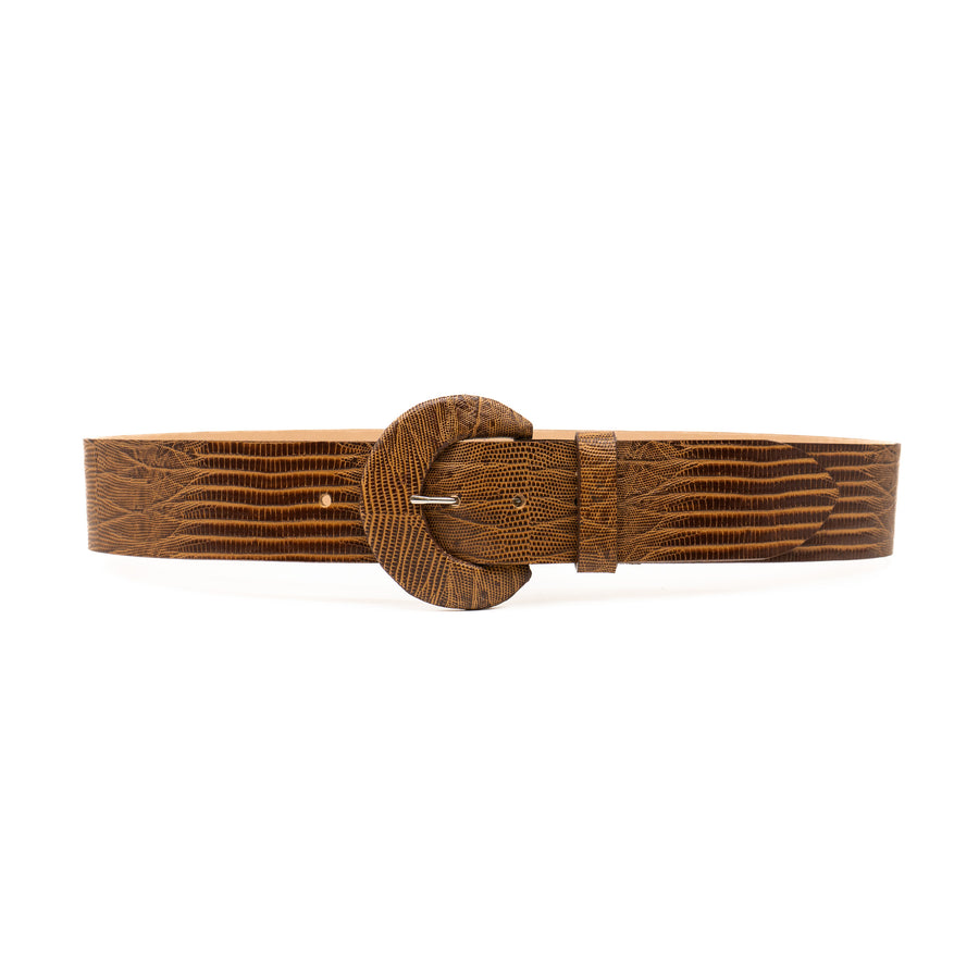 Tara Belt in lizard-embossed Italian calfskin with a covered buckle, handcrafted in Los Angeles.