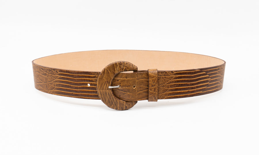 Tara Belt in lizard-embossed Italian calfskin with a covered buckle, handcrafted in Los Angeles.