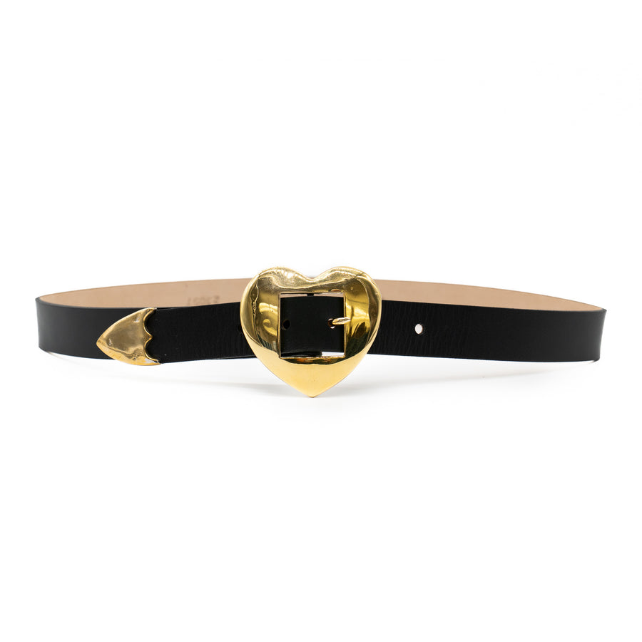 Black leather belt with a brass heart-shaped buckle - Streets Ahead