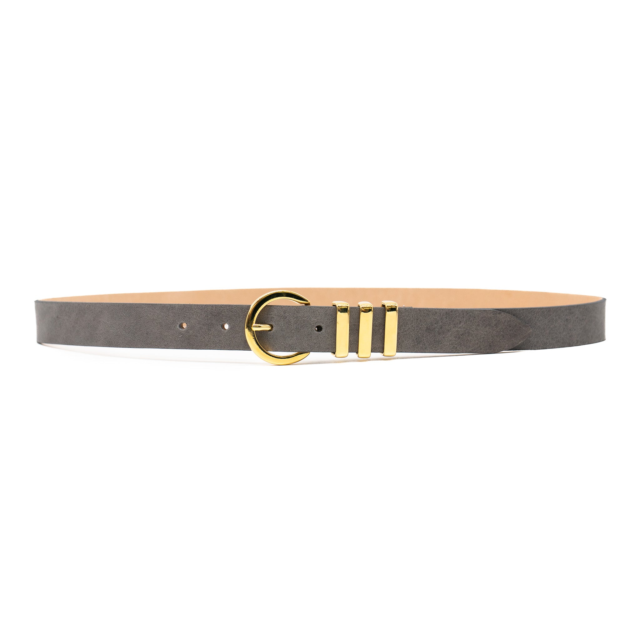 Nyx Belt in deep gray Italian calfskin with 24k gold-plated buckle and triple keepers, Streets Ahead