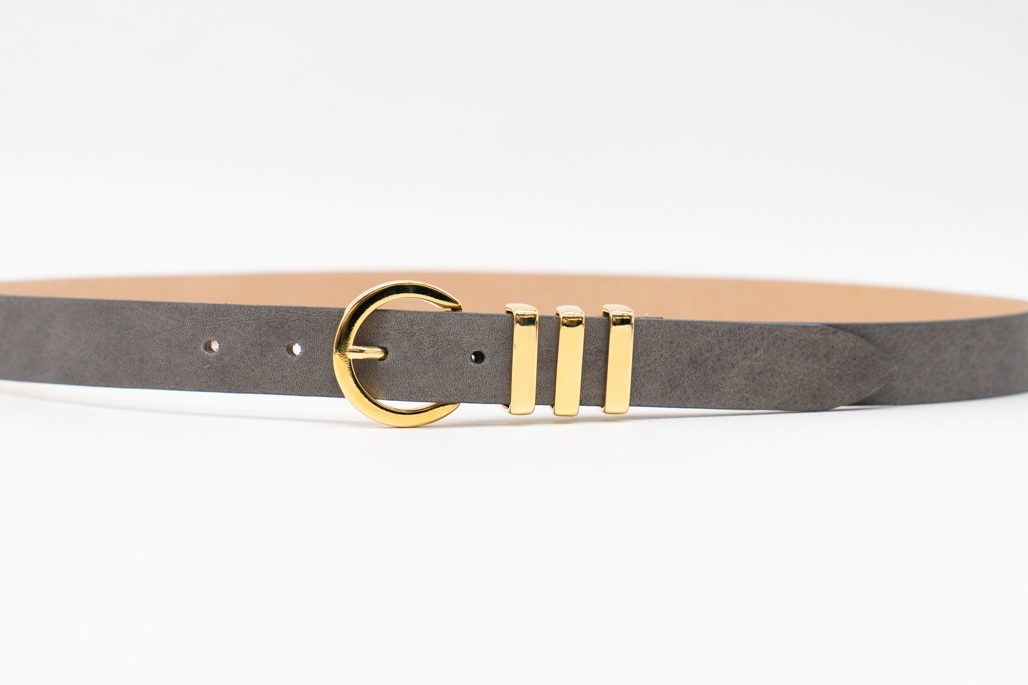 Streets Ahead Nyx Belt — deep gray calfskin with gold buckle and triple keepers